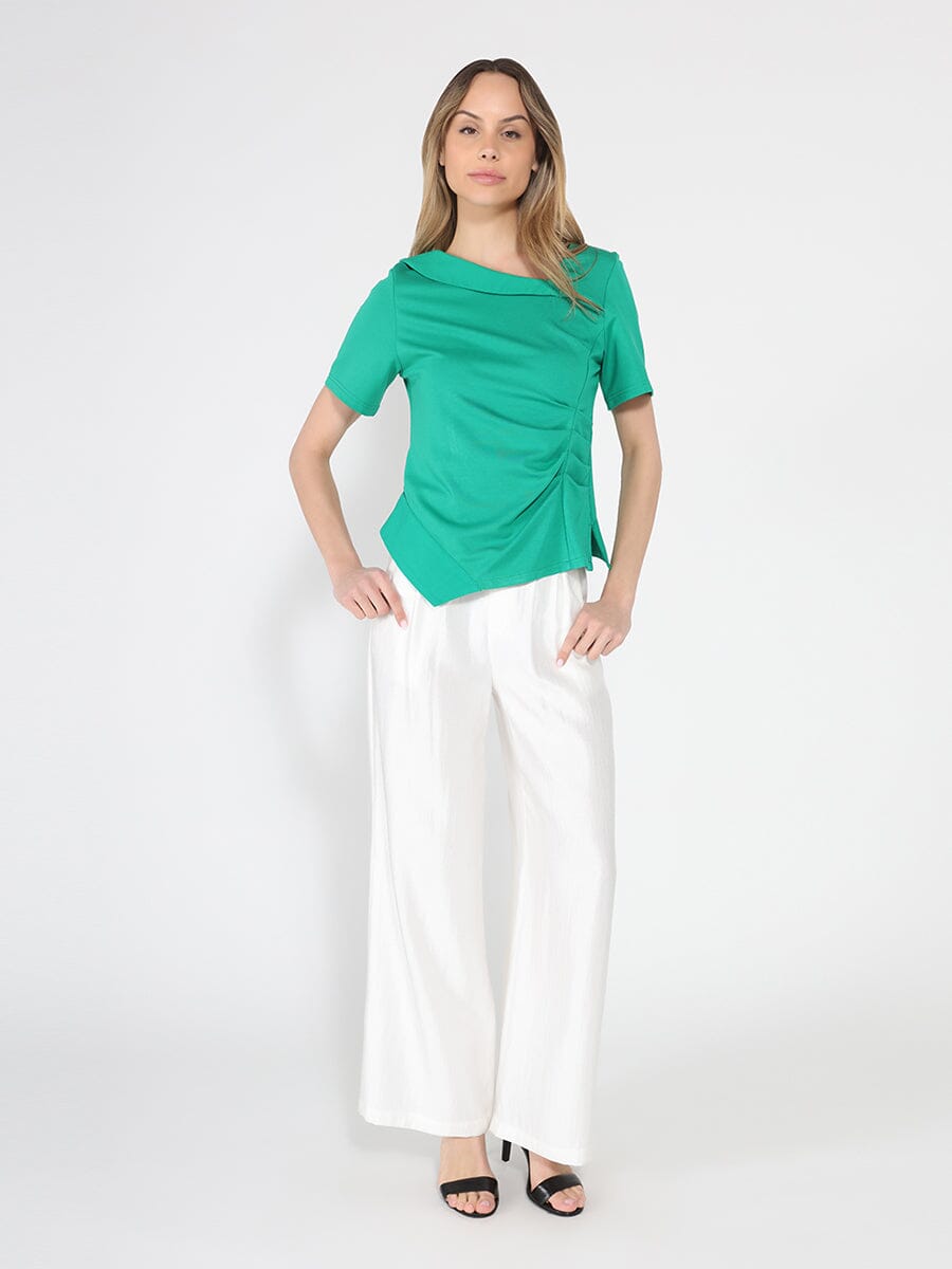 Gracia Fashion Women's Asymmetrical neck ruched detail solid top